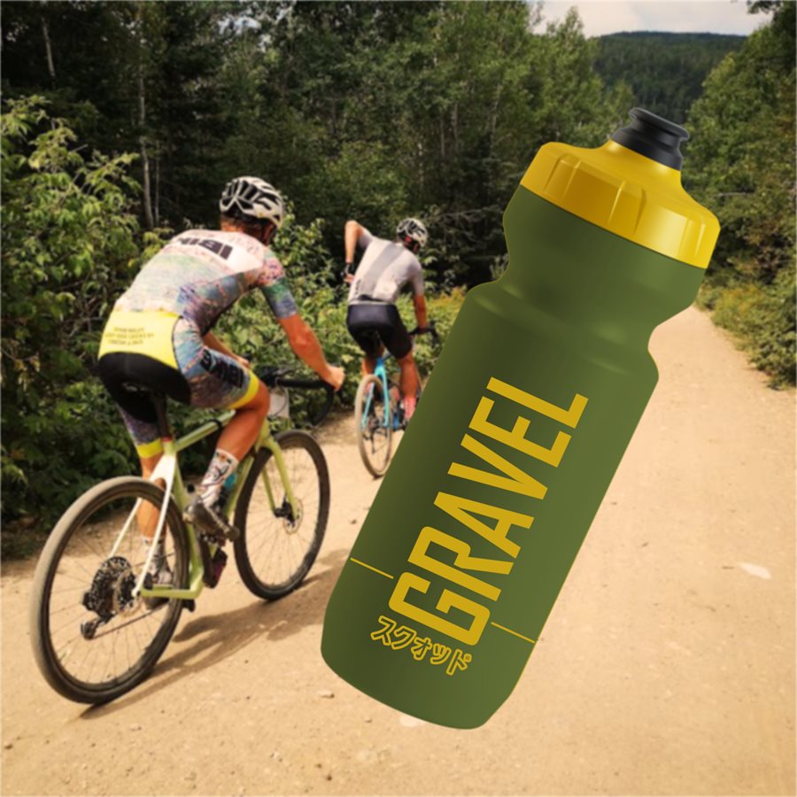 Green GRAVEL MAFIA bidon rendering on a gravel ride photo background