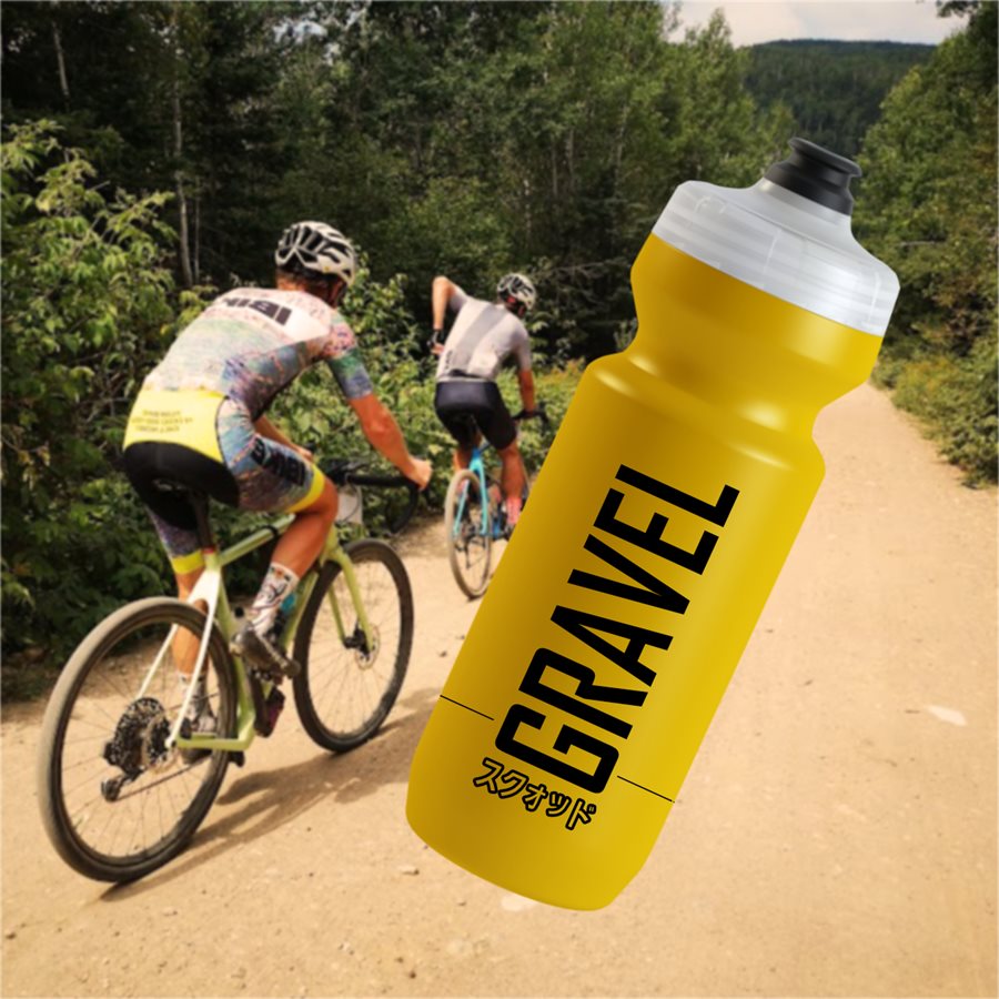 Yellow GRAVEL MAFIA bidon rendering on a gravel ride photo background