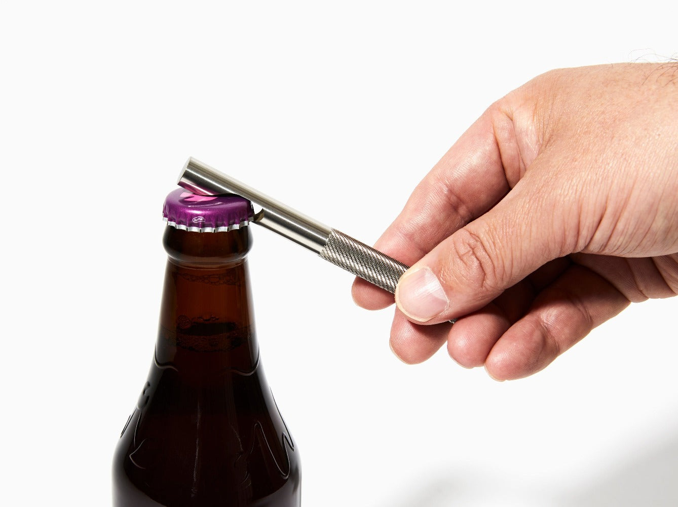 Stainless steel bottle opener with knurdled handle, by Runwell