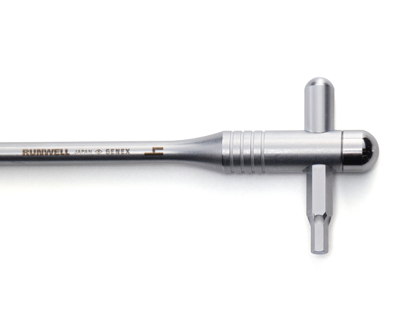 RUNWELL GENEX 4mm T-Handle hex key. High quality chrome finish with knurled accents.