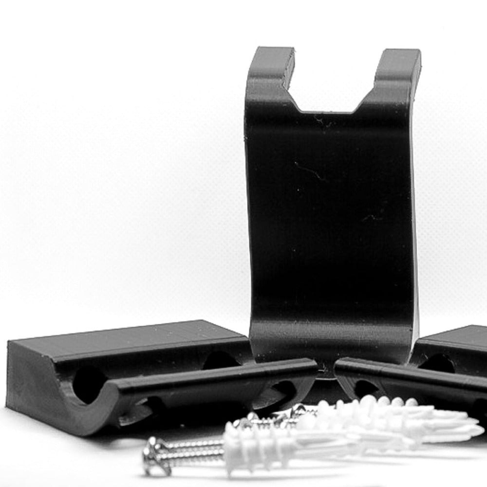 Wall mount for bicycle display, black with fixation hardware, tidy elegant, minimalist