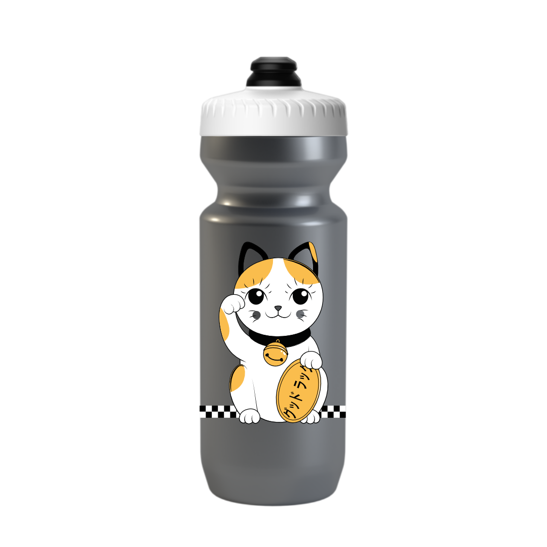 Cute gray GOOD LUCK Maneki Neko cat waterbottle, bidon designed in Montreal, 500ml