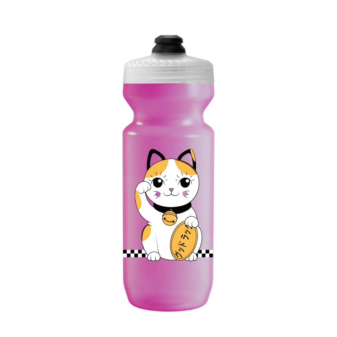 Cute pink GOOD LUCK Maneki Neko cat waterbottle, bidon designed in Montreal, 500ml
