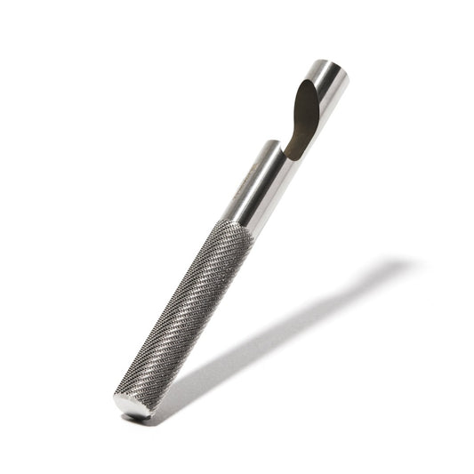 Stainless steel bottle opener with knurdled handle, by Runwell